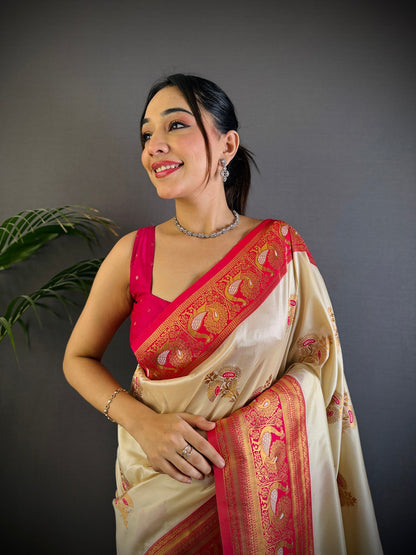 Elora White Soft Silk Floral Butta Zari Weaving Banarasi With Peacock Zari Weaving Border