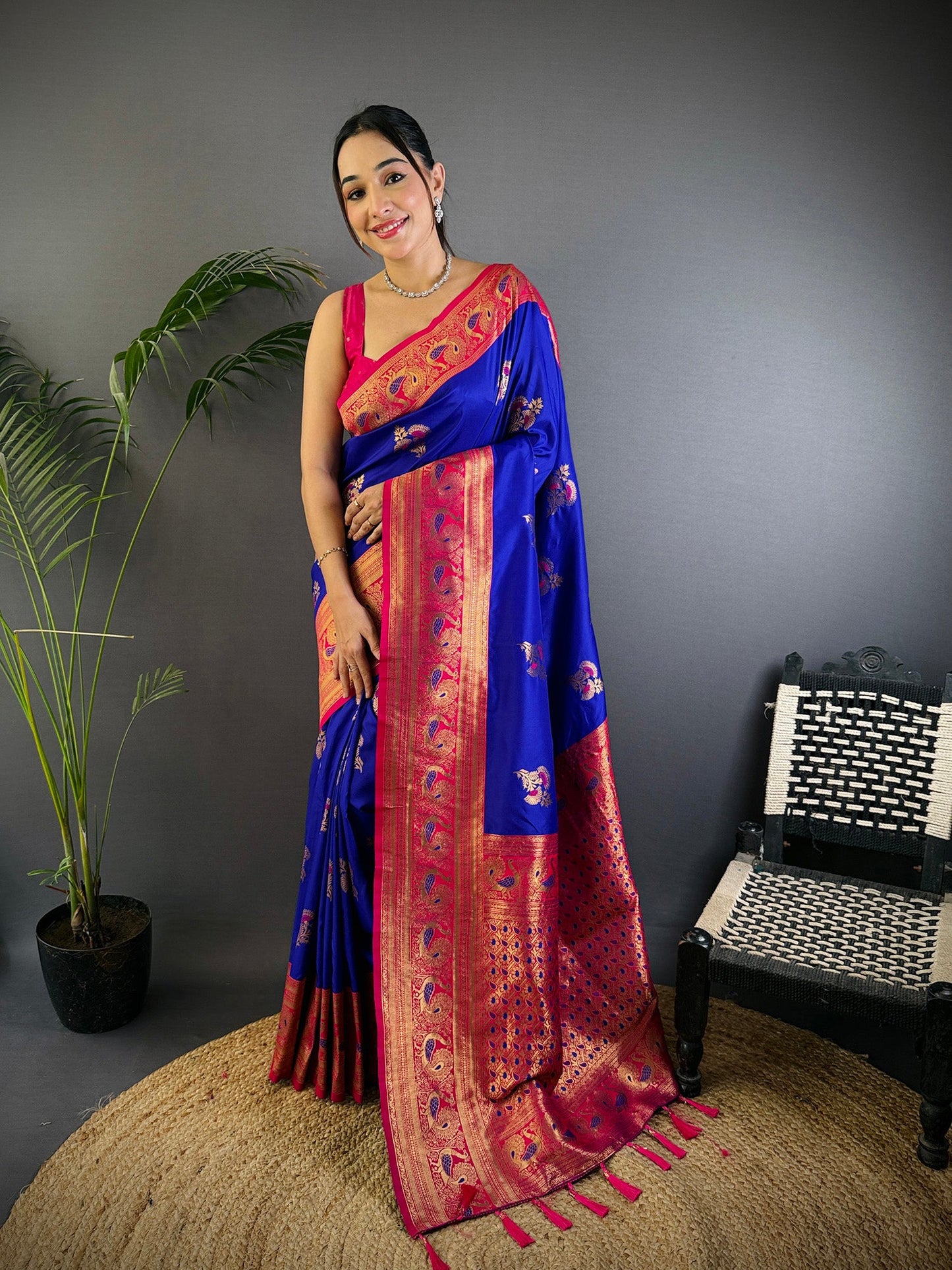 Elora Royal Blue Soft Silk Floral Butta Zari Weaving Banarasi With Peacock Zari Weaving Border