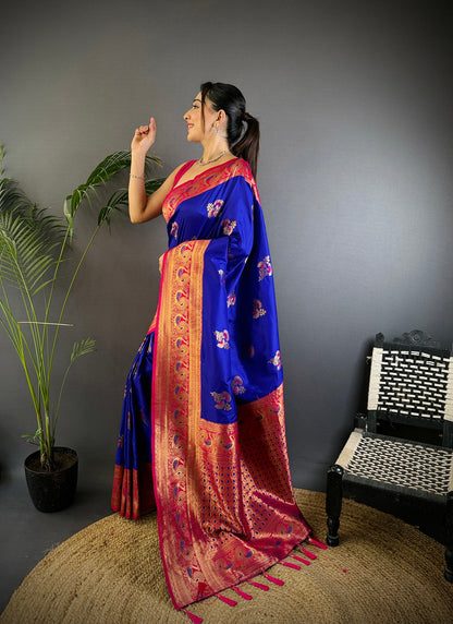 Elora Royal Blue Soft Silk Floral Butta Zari Weaving Banarasi With Peacock Zari Weaving Border