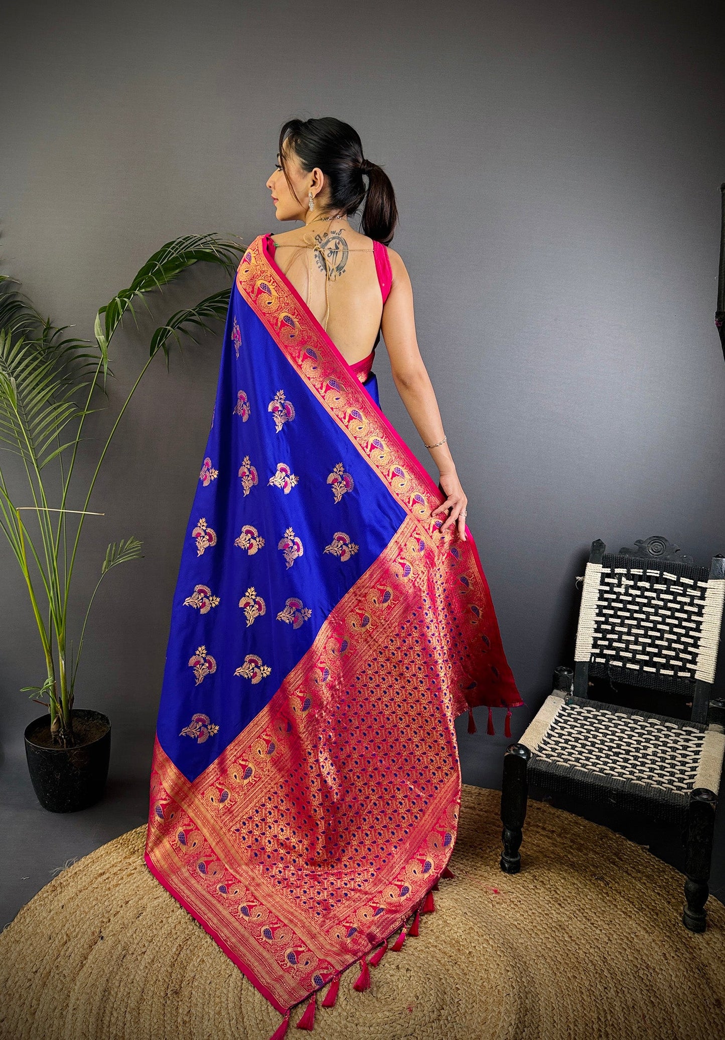 Elora Royal Blue Soft Silk Floral Butta Zari Weaving Banarasi With Peacock Zari Weaving Border
