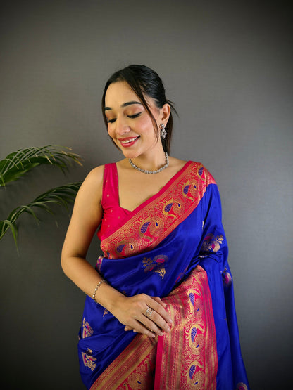 Elora Royal Blue Soft Silk Floral Butta Zari Weaving Banarasi With Peacock Zari Weaving Border