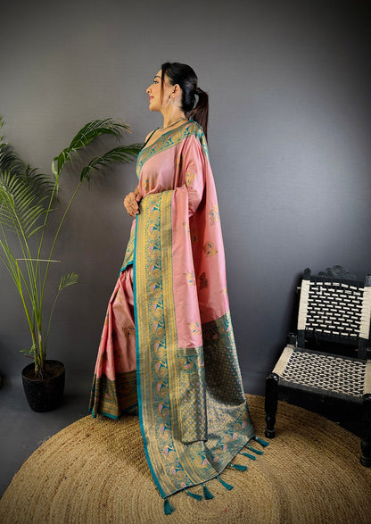 Elora Baby Pink Soft Silk Floral Butta Zari Weaving Banarasi With Peacock Zari Weaving Border
