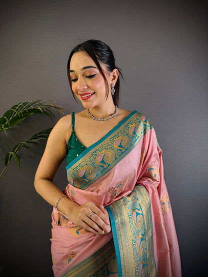Elora Baby Pink Soft Silk Floral Butta Zari Weaving Banarasi With Peacock Zari Weaving Border