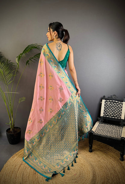 Elora Baby Pink Soft Silk Floral Butta Zari Weaving Banarasi With Peacock Zari Weaving Border
