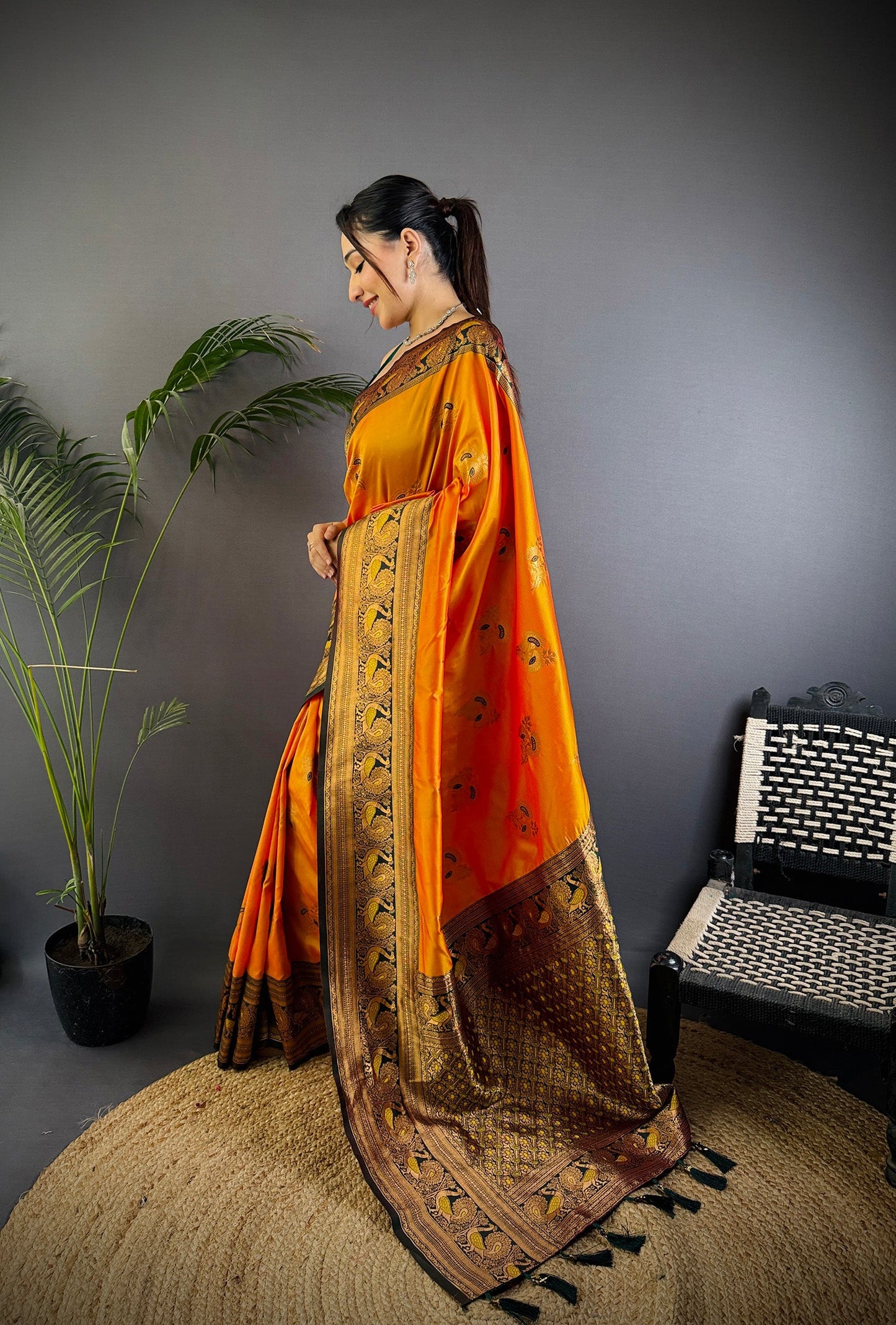 Elora Orange Soft Silk Floral Butta Zari Weaving Banarasi With Peacock Zari Weaving Border