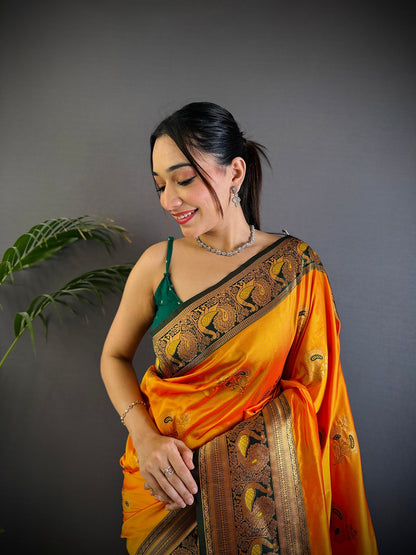 Elora Orange Soft Silk Floral Butta Zari Weaving Banarasi With Peacock Zari Weaving Border
