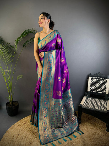 Elora Magenta Soft Silk Floral Butta Zari Weaving Banarasi With Peacock Zari Weaving Border