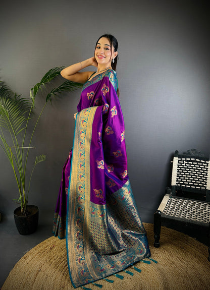 Elora Magenta Soft Silk Floral Butta Zari Weaving Banarasi With Peacock Zari Weaving Border