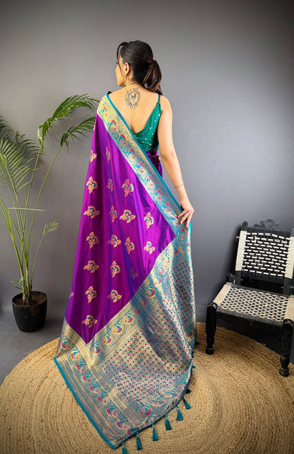 Elora Magenta Soft Silk Floral Butta Zari Weaving Banarasi With Peacock Zari Weaving Border