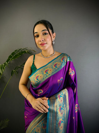 Elora Magenta Soft Silk Floral Butta Zari Weaving Banarasi With Peacock Zari Weaving Border