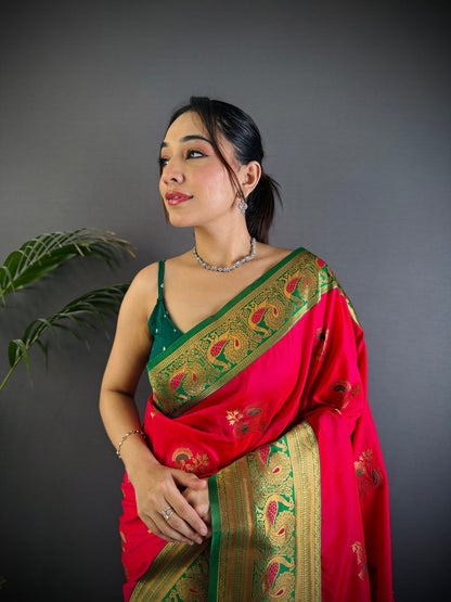 Elora Red Soft Silk Floral Butta Zari Weaving Banarasi With Peacock Zari Weaving Border
