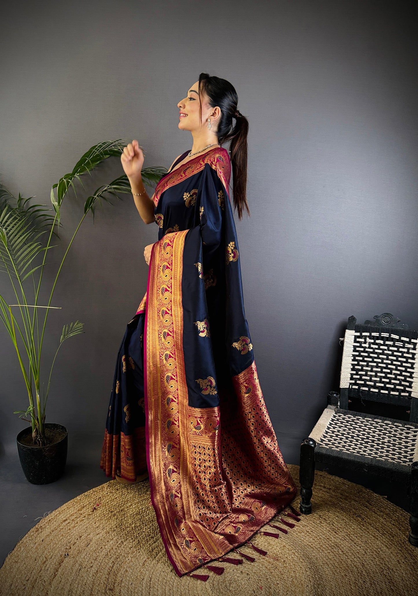 Elora Navy Blue Soft Silk Floral Butta Zari Weaving Banarasi With Peacock Zari Weaving Border