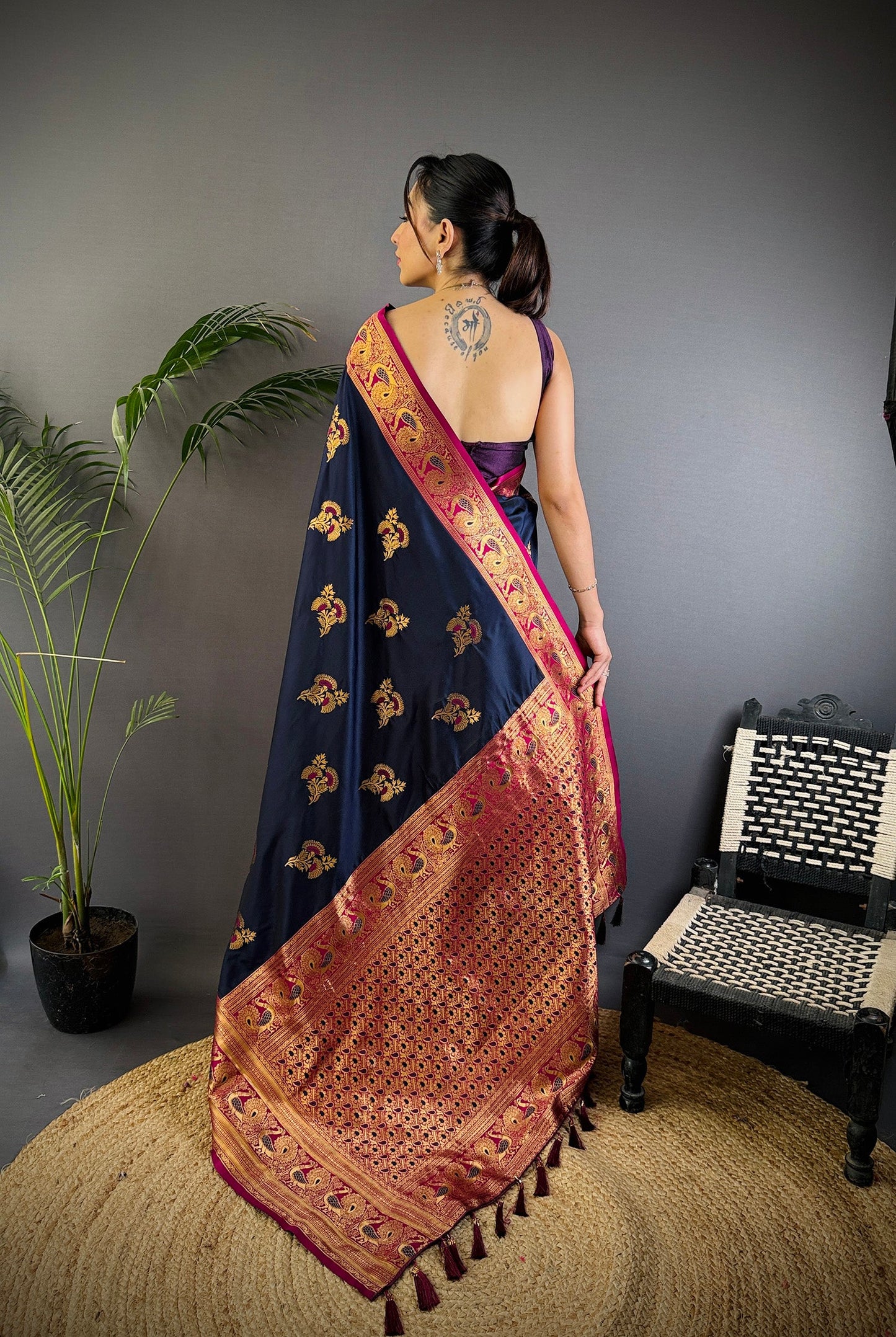 Elora Navy Blue Soft Silk Floral Butta Zari Weaving Banarasi With Peacock Zari Weaving Border