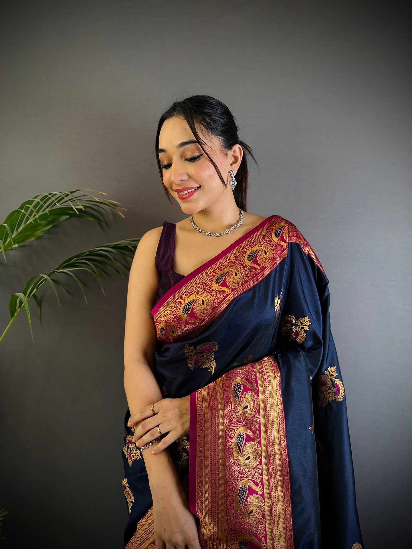 Elora Navy Blue Soft Silk Floral Butta Zari Weaving Banarasi With Peacock Zari Weaving Border