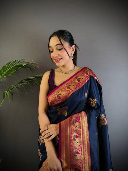 Elora Navy Blue Soft Silk Floral Butta Zari Weaving Banarasi With Peacock Zari Weaving Border