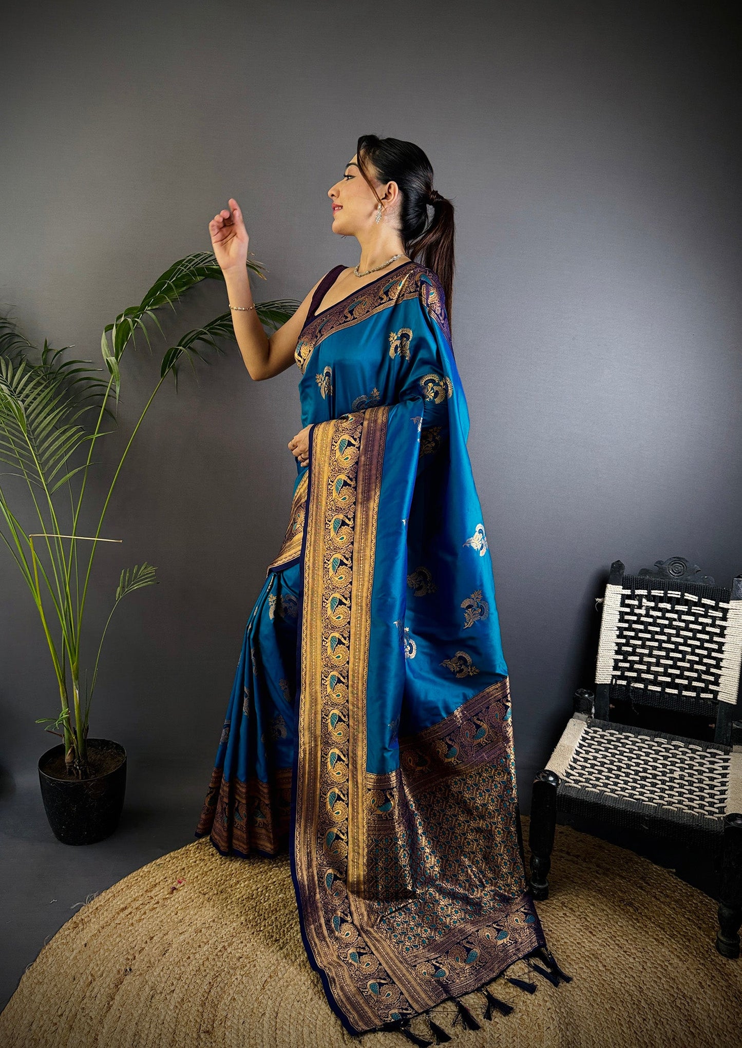 Elora Royal Blue Soft Silk Floral Butta Zari Weaving Banarasi With Peacock Zari Weaving Border