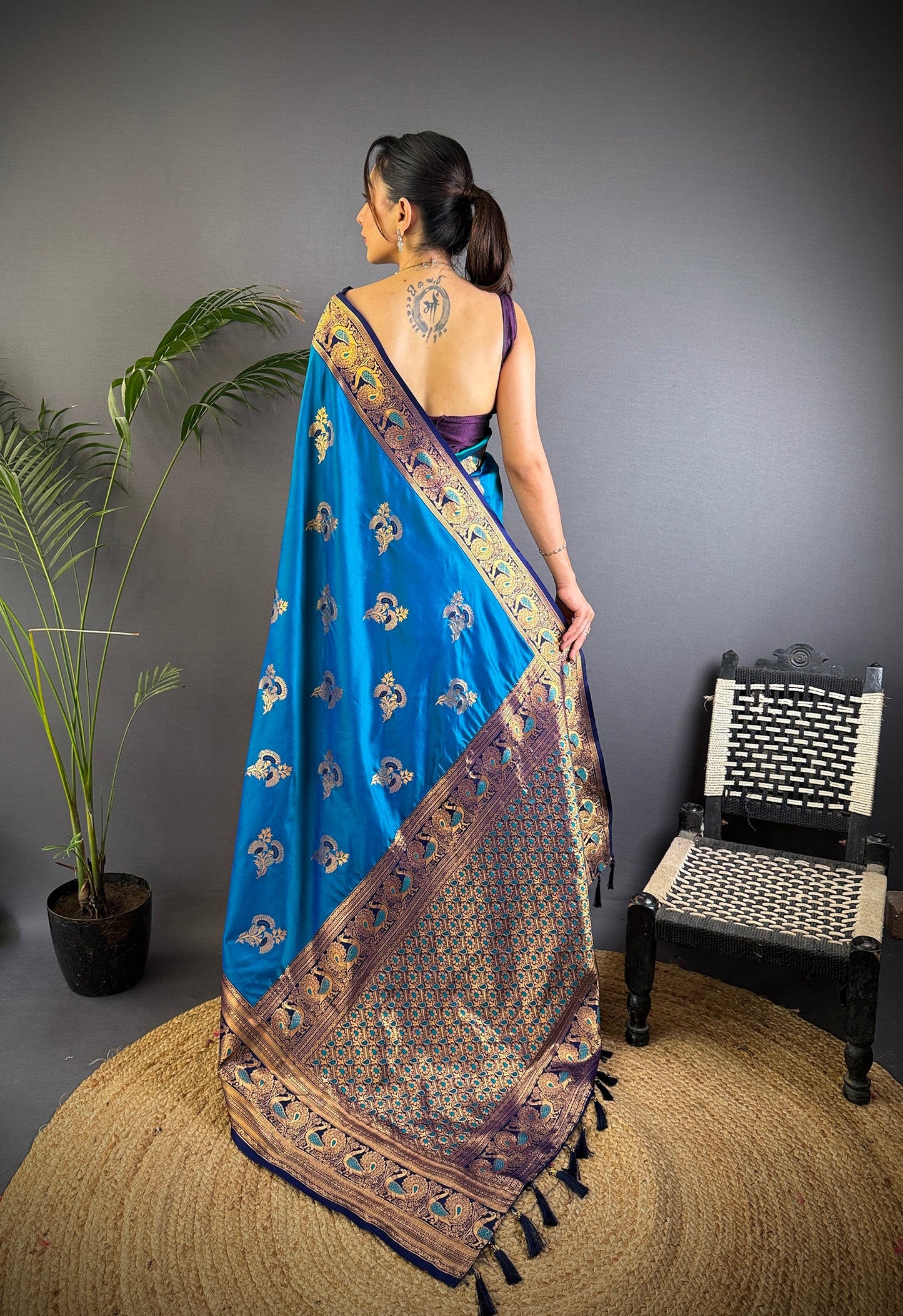 Elora Royal Blue Soft Silk Floral Butta Zari Weaving Banarasi With Peacock Zari Weaving Border