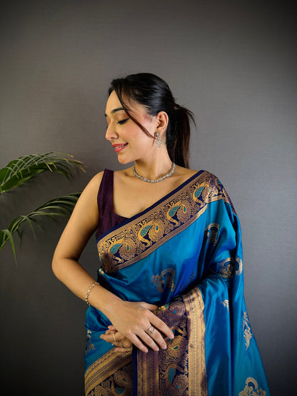 Elora Royal Blue Soft Silk Floral Butta Zari Weaving Banarasi With Peacock Zari Weaving Border