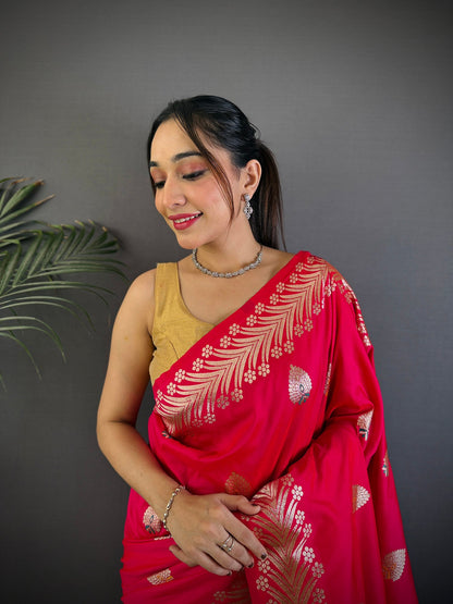 Elora Pink Soft Silk Meenakari Zari Weaving Banarasi Saree
