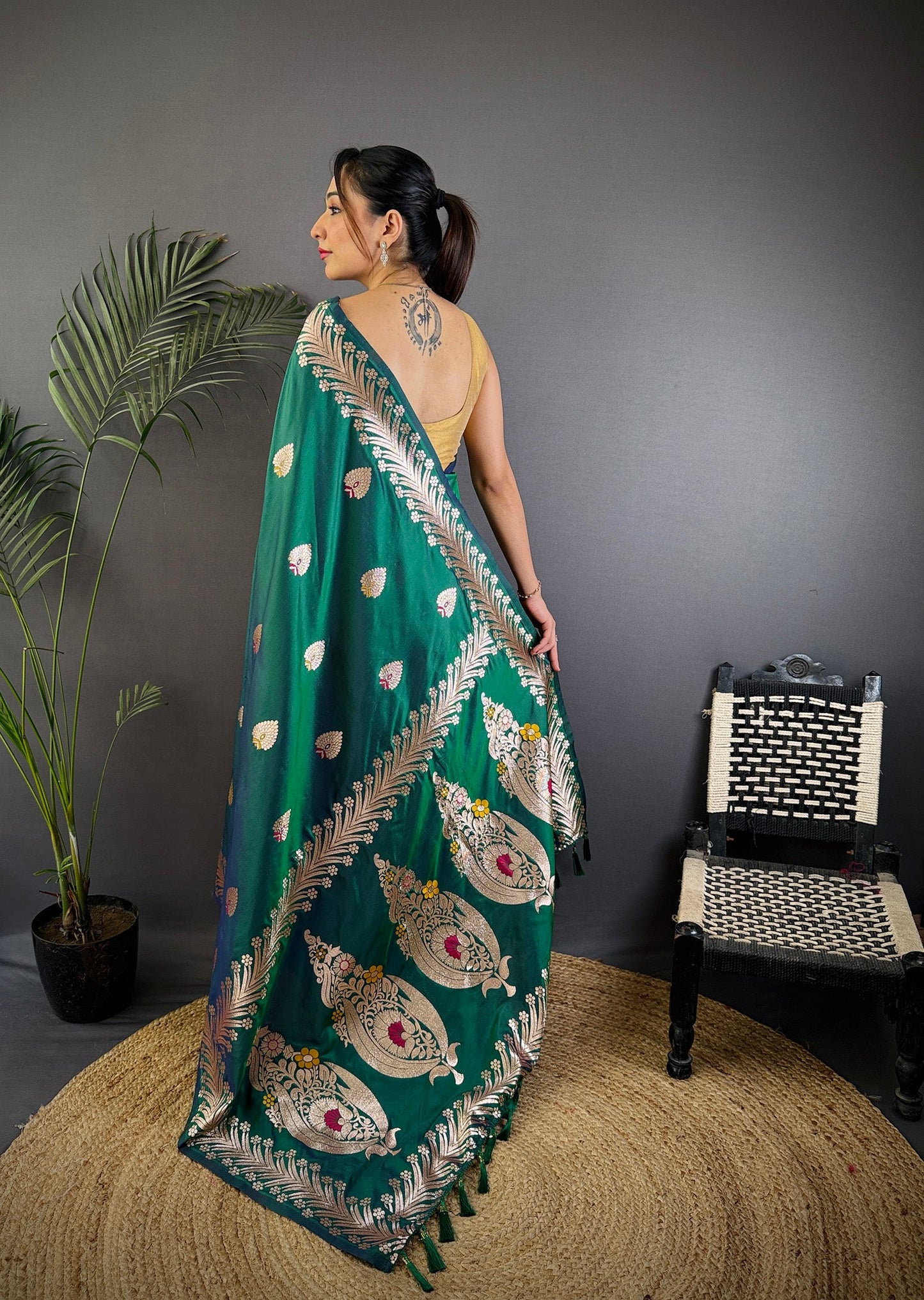 Elora Dusty Teal Soft Silk Meenakari Zari Weaving Banarasi Saree