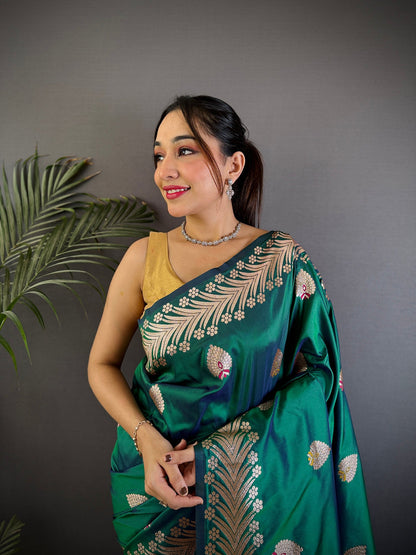 Elora Dusty Teal Soft Silk Meenakari Zari Weaving Banarasi Saree