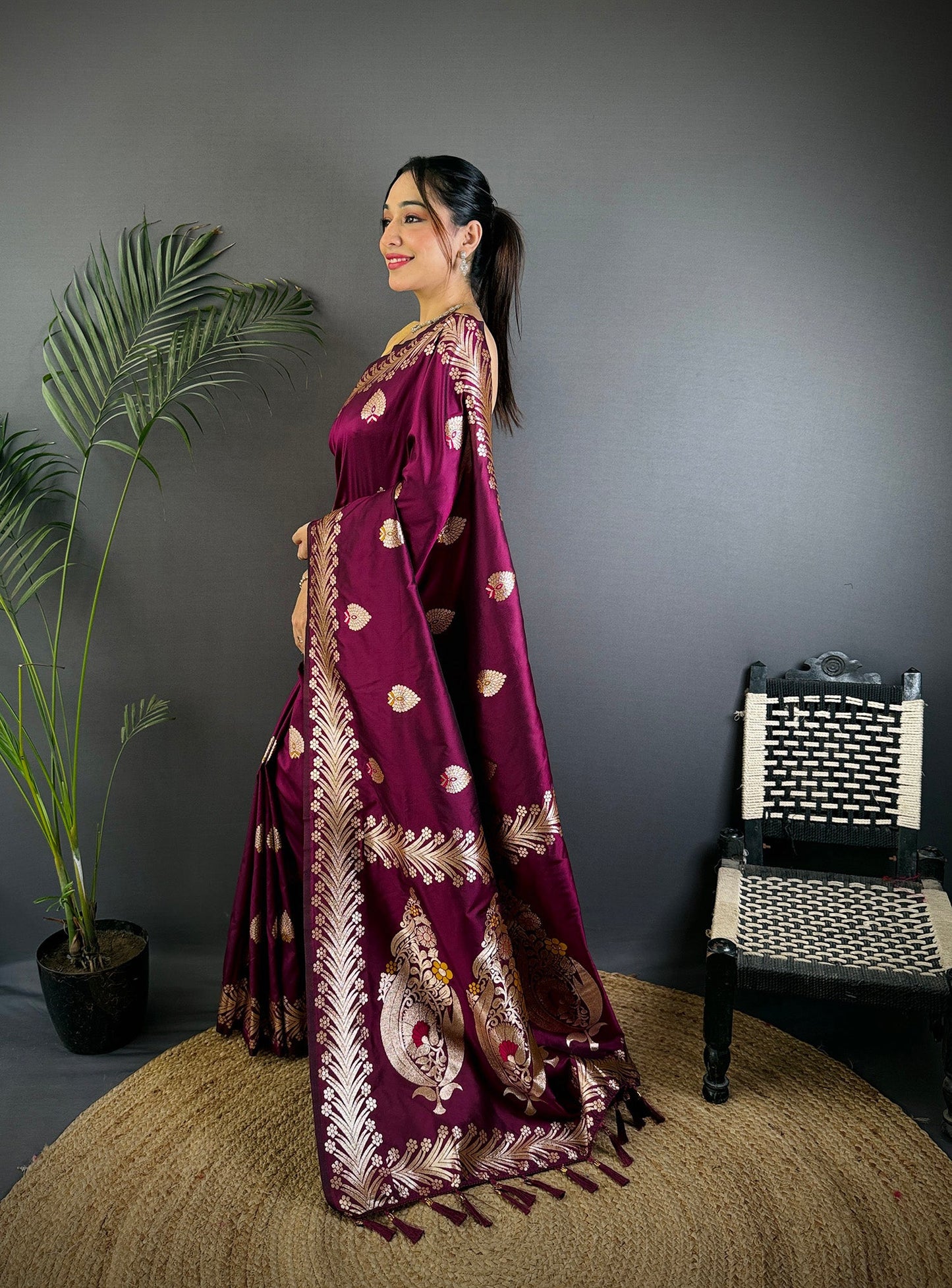 Elora Plum Soft Silk Meenakari Zari Weaving Banarasi Saree