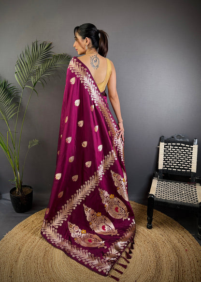 Elora Plum Soft Silk Meenakari Zari Weaving Banarasi Saree
