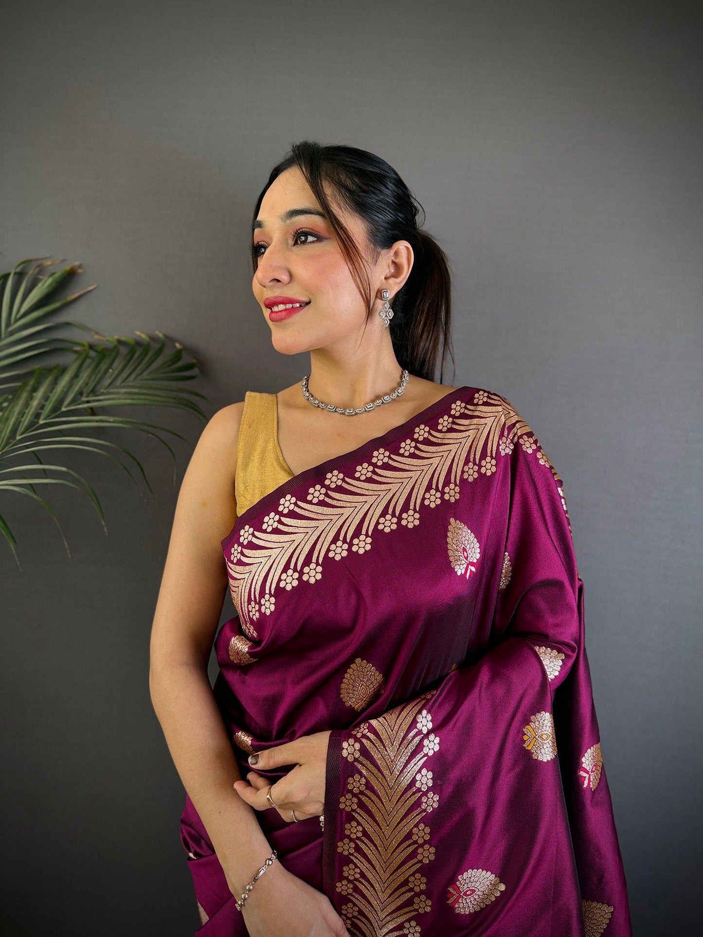 Elora Plum Soft Silk Meenakari Zari Weaving Banarasi Saree