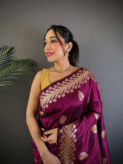 Elora Plum Soft Silk Meenakari Zari Weaving Banarasi Saree