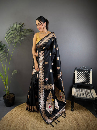 Elora Black Soft Silk Meenakari Zari Weaving Banarasi Saree