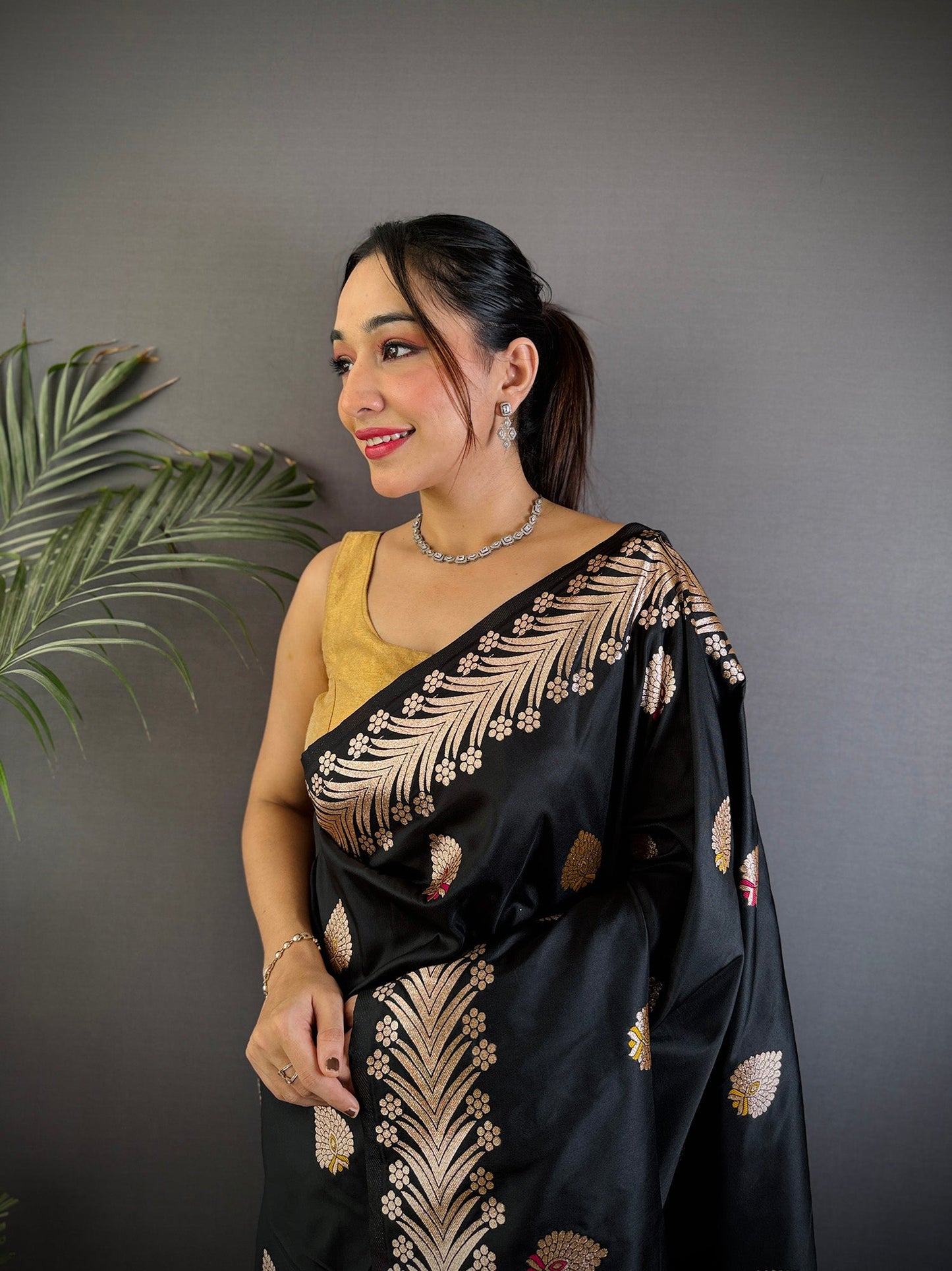 Elora Black Soft Silk Meenakari Zari Weaving Banarasi Saree