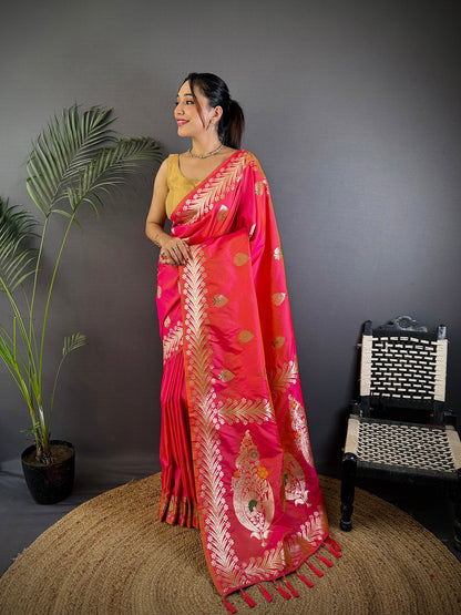 Elora Pink Soft Silk Meenakari Zari Weaving Banarasi Saree