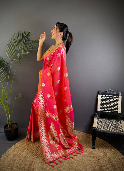 Elora Pink Soft Silk Meenakari Zari Weaving Banarasi Saree