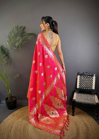 Elora Pink Soft Silk Meenakari Zari Weaving Banarasi Saree