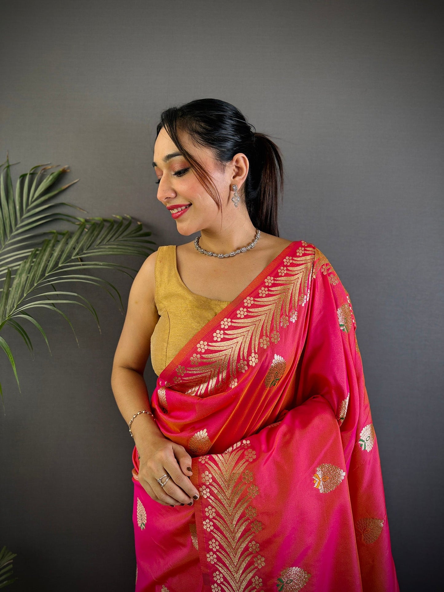 Elora Pink Soft Silk Meenakari Zari Weaving Banarasi Saree