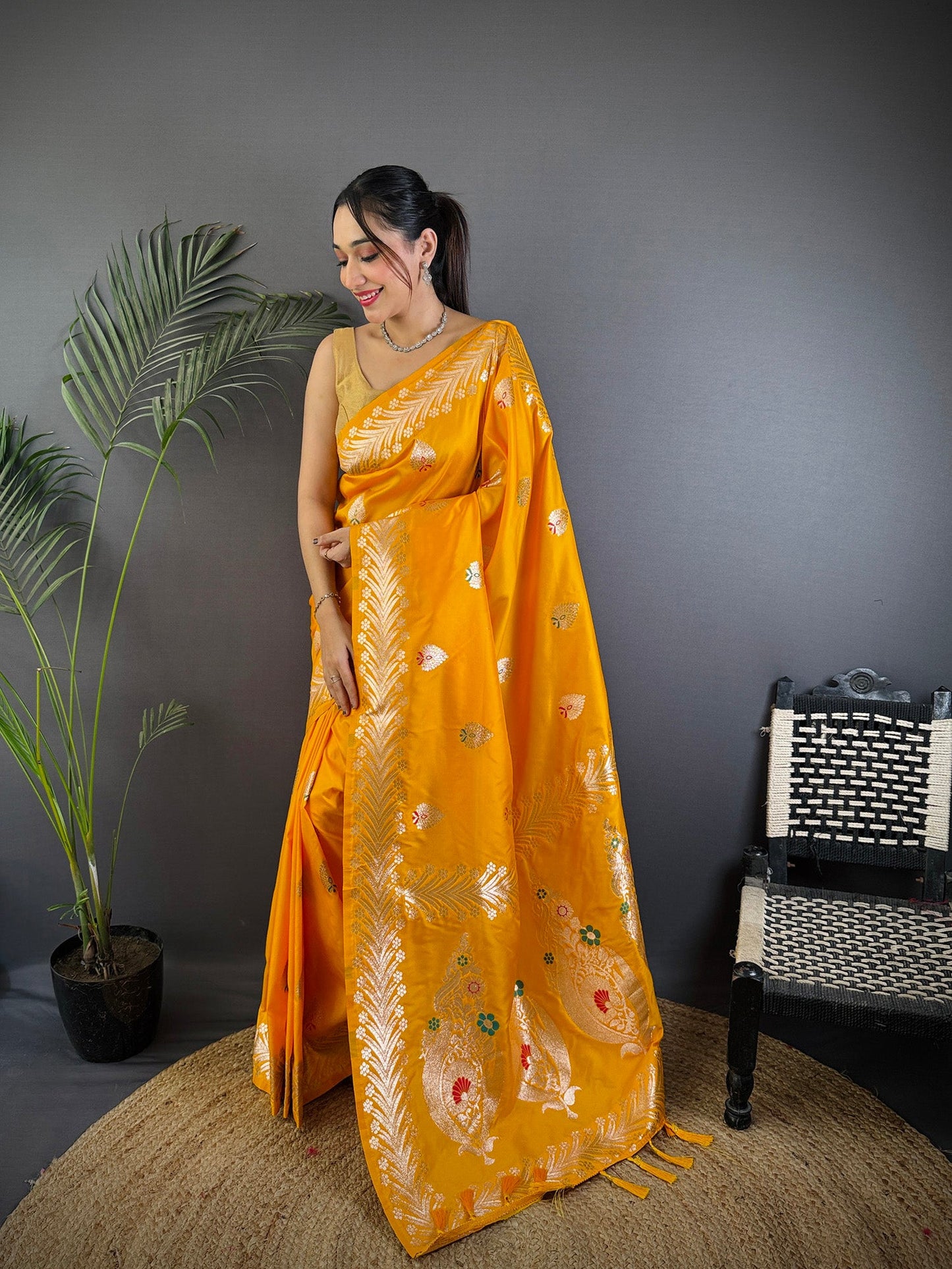 Elora Orange Soft Silk Meenakari Zari Weaving Banarasi Saree