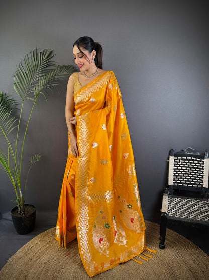 Elora Orange Soft Silk Meenakari Zari Weaving Banarasi Saree