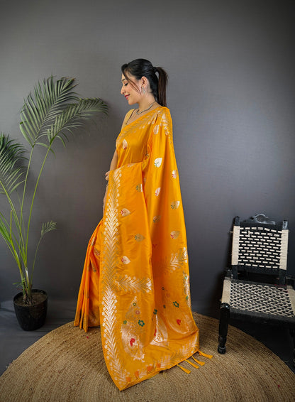 Elora Orange Soft Silk Meenakari Zari Weaving Banarasi Saree
