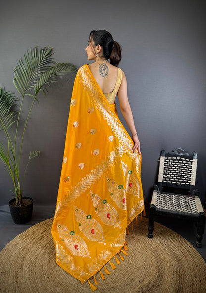 Elora Orange Soft Silk Meenakari Zari Weaving Banarasi Saree