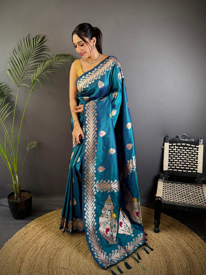 Elora Sea Blue Soft Silk Meenakari Zari Weaving Banarasi Saree