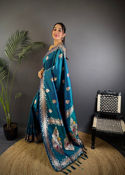 Elora Sea Blue Soft Silk Meenakari Zari Weaving Banarasi Saree