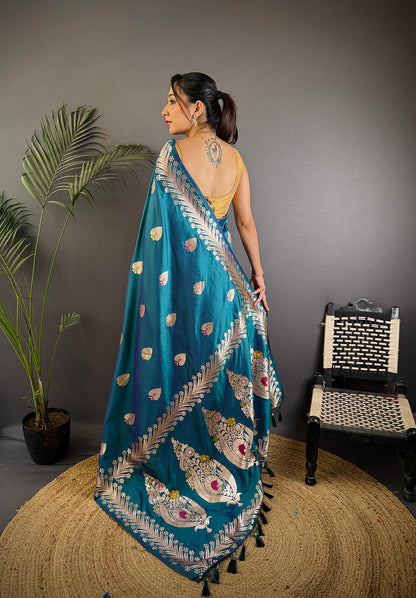 Elora Sea Blue Soft Silk Meenakari Zari Weaving Banarasi Saree