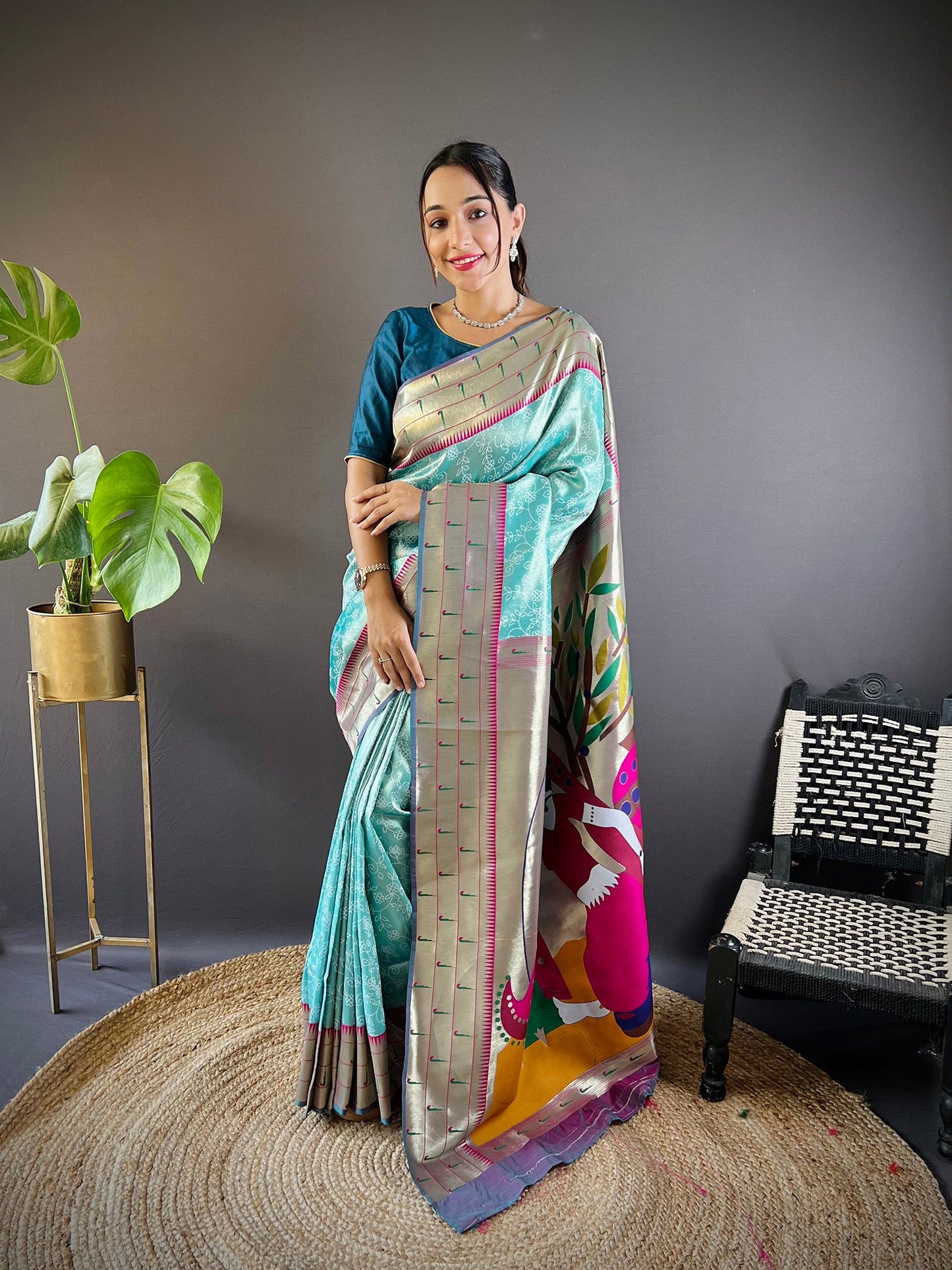 Elora Teal Blue Soft Silk Checked Zari Weaving Banarasi Saree