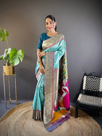 Elora Teal Blue Soft Silk Checked Zari Weaving Banarasi Saree