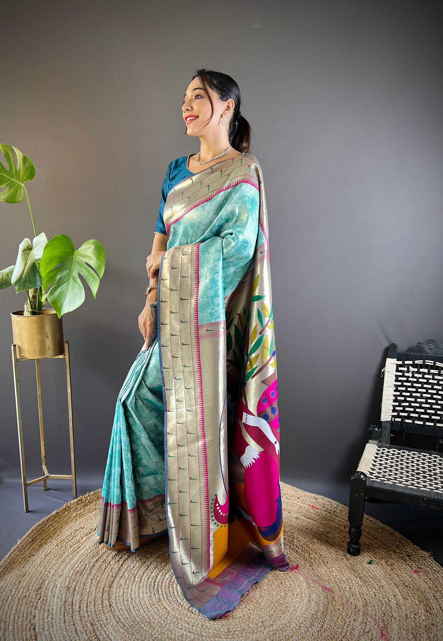 Elora Teal Blue Soft Silk Checked Zari Weaving Banarasi Saree