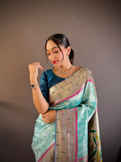Elora Teal Blue Soft Silk Checked Zari Weaving Banarasi Saree