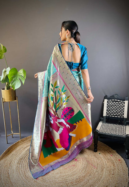 Elora Teal Blue Soft Silk Checked Zari Weaving Banarasi Saree