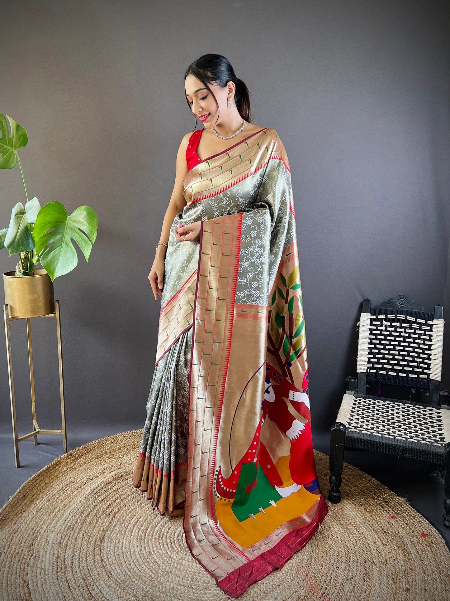 Elora Grey Soft Silk Checked Zari Weaving Banarasi Saree