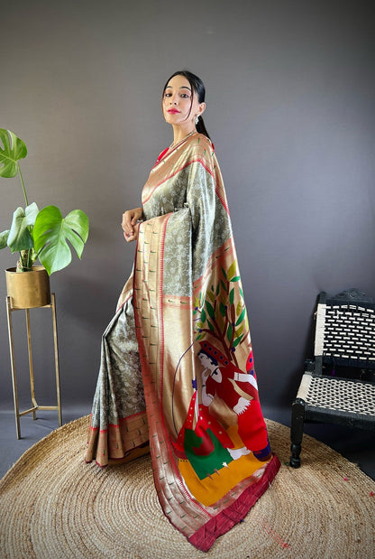 Elora Grey Soft Silk Checked Zari Weaving Banarasi Saree