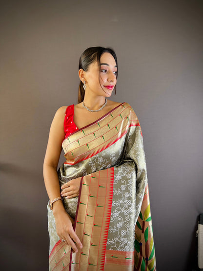 Elora Grey Soft Silk Checked Zari Weaving Banarasi Saree